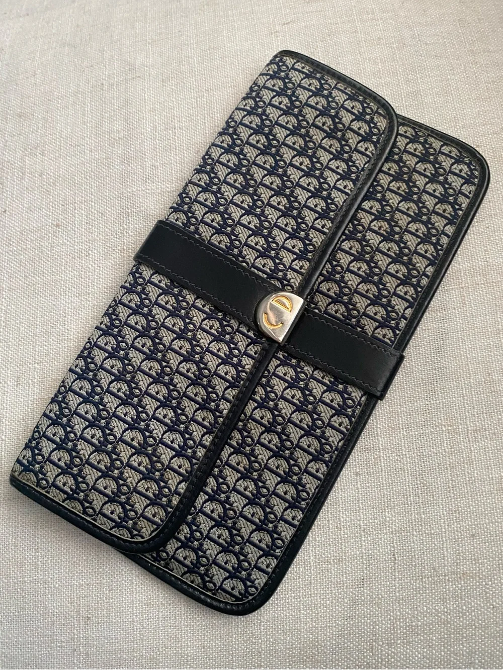 Vintage Christian Dior Clutch Wallet EUC Strap Added Navy Canvas/Leather Bag